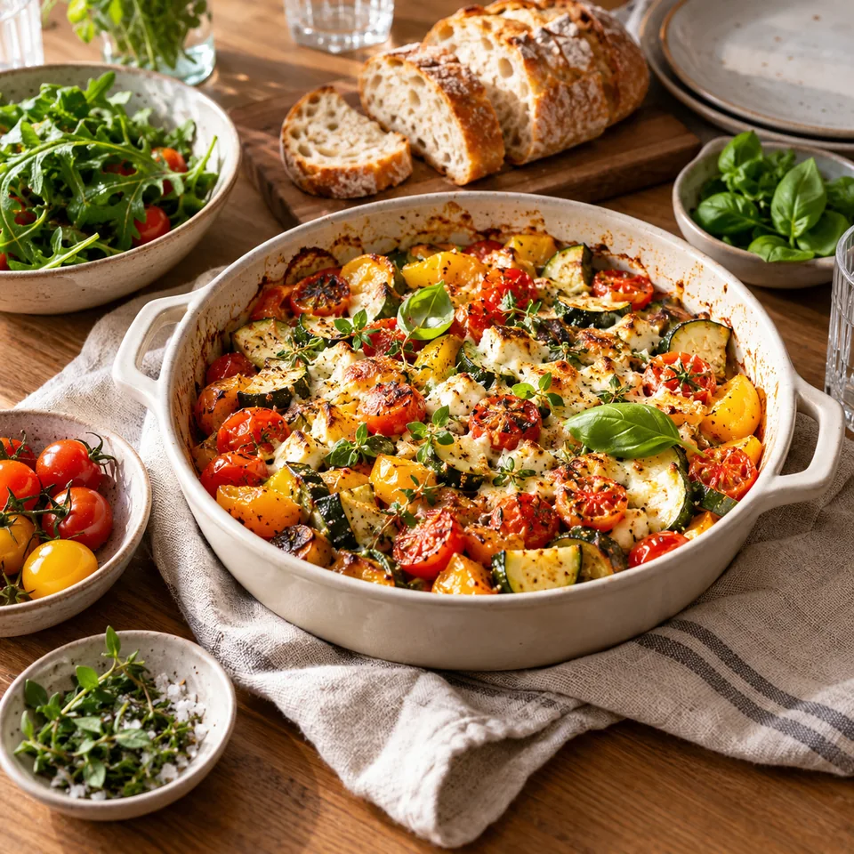 Herzhaftes vegetarisches Ofengericht mit Brot und Kräutern auf einem gedeckten Tisch