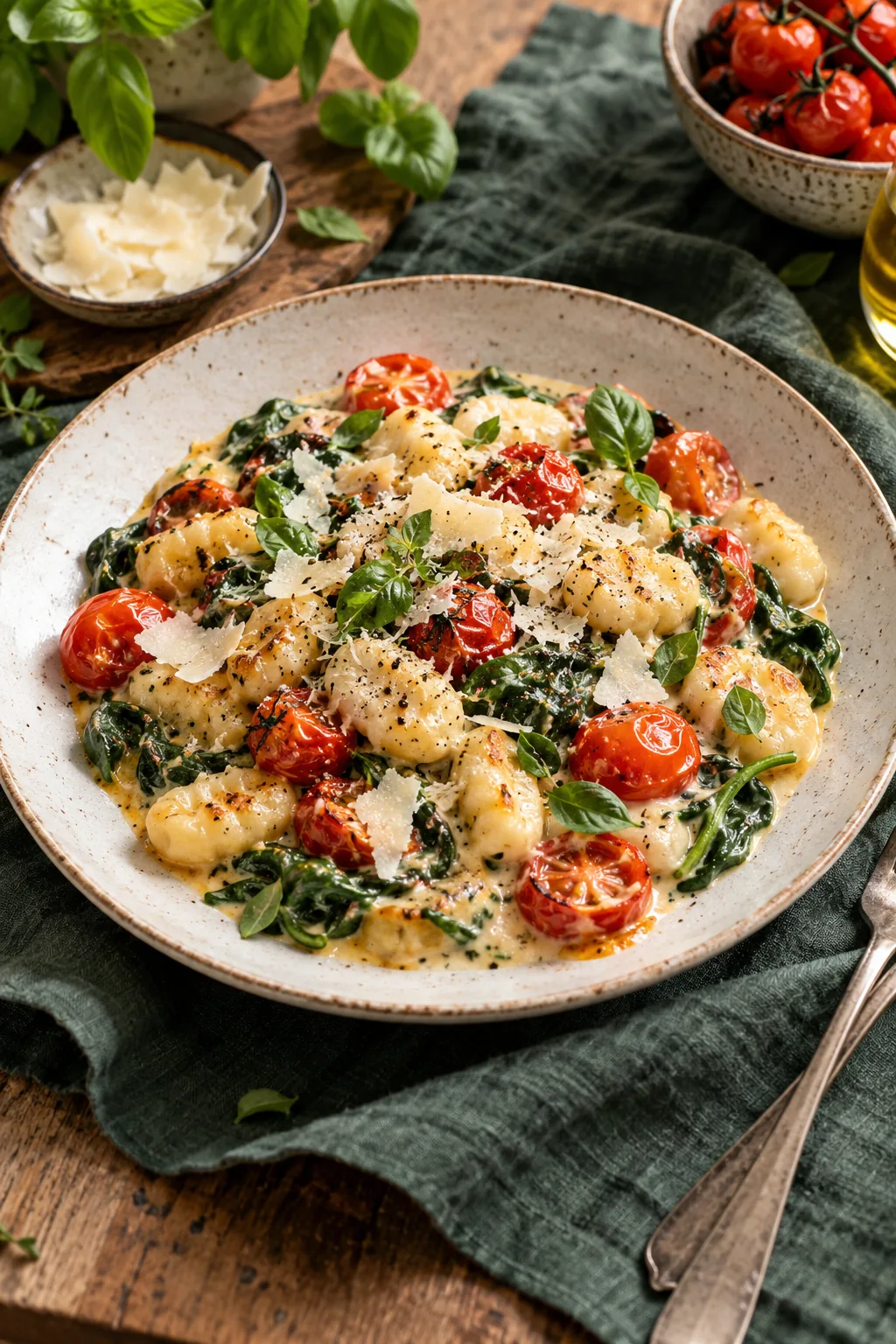 Cremige Gnocchi mit Spinat, Tomaten und Kräutern auf einem Teller