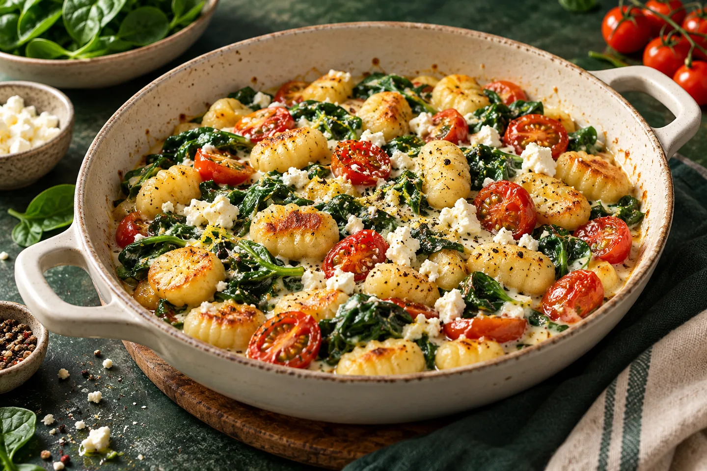 Goldbraune Gnocchi mit Spinat, halbierten Tomaten und Feta in einer Pfanne
